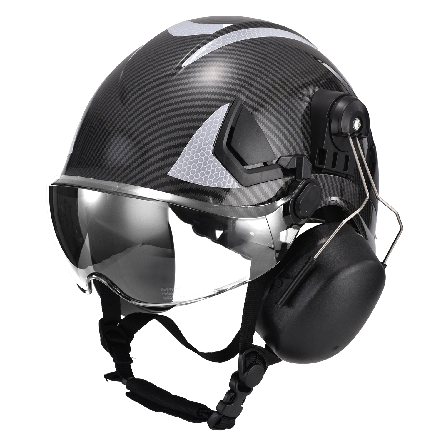 EU-SAFEYEAR Schutzhelm mit kratzfester Brille, Ohrenschützer, CE EN397 Schutzhelme mit Kinnriemen, leicht reflektierend, belüftet, ABS-Schutzhelme für Industriearbeiter, 6-Punkt-Aufhängung
