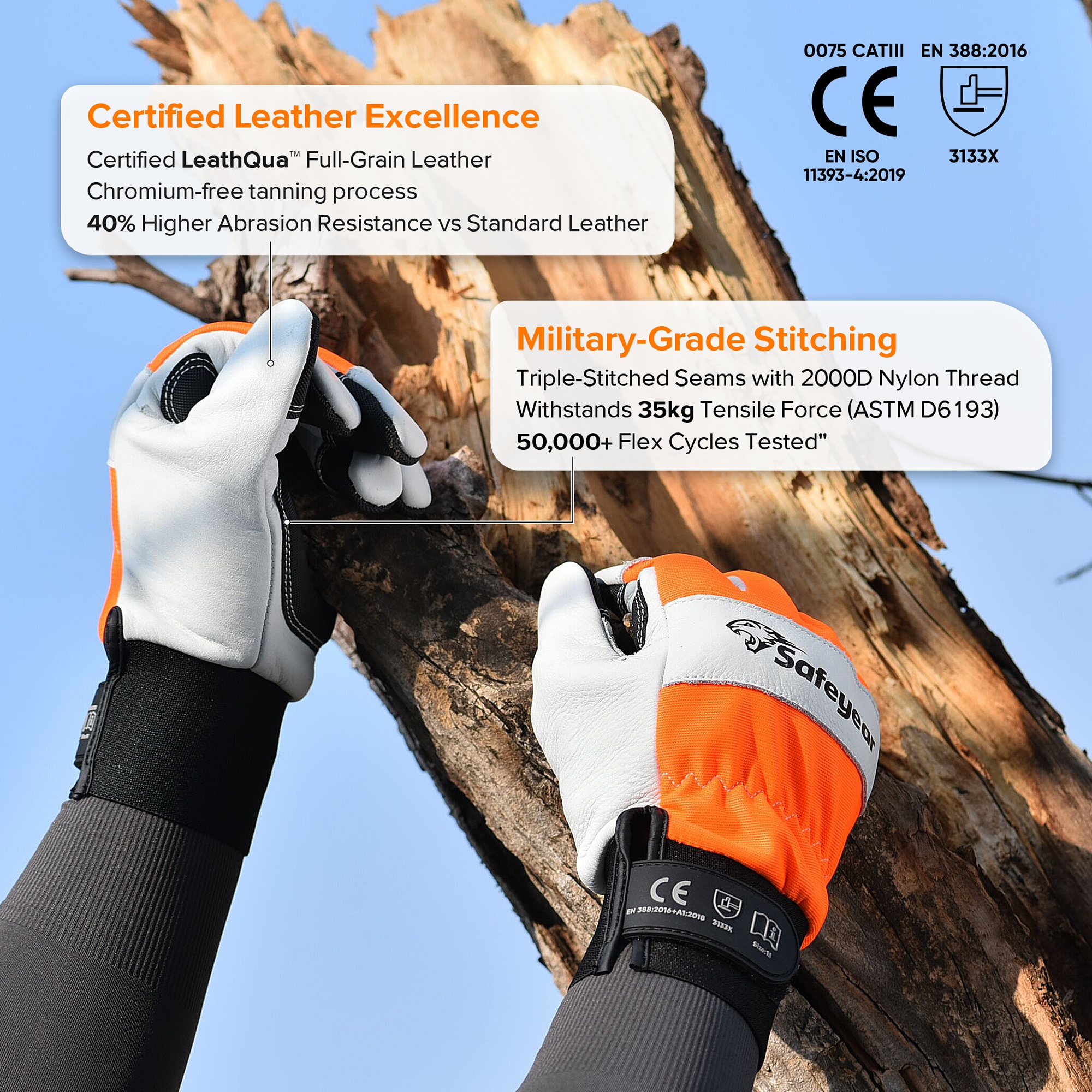 SAFEYEAR Kettensägenhandschuhe, Kettensägenschutz an der Hand, Größe L, weiße Handfläche und Rückseite aus Rindsleder, PVC-verstärkte Finger und Handfläche, EVA-Polsterung für Stoßdämpfung, fluoreszierende orangefarbene reflektierende Rückseite – EU