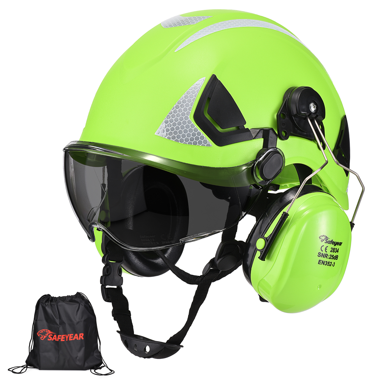 EU-SAFEYEAR Schutzhelm mit kratzfester Brille, Ohrenschützer, CE EN397 Schutzhelme mit Kinnriemen, leicht reflektierend, belüftet, ABS-Schutzhelme für Industriearbeiter, 6-Punkt-Aufhängung