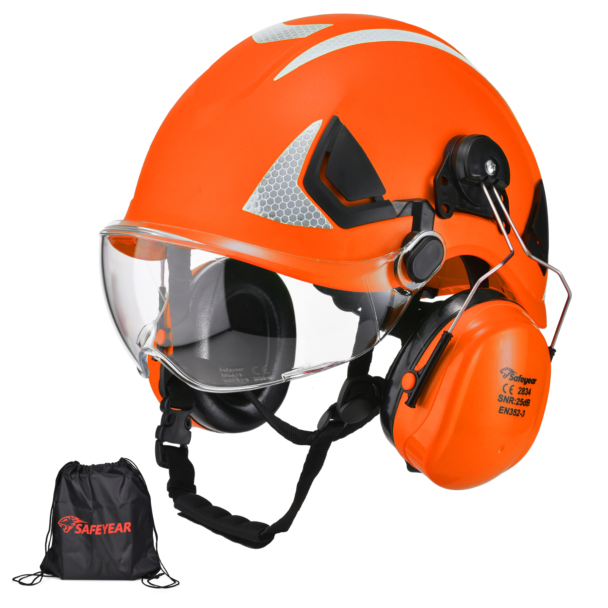 EU-SAFEYEAR Schutzhelm mit kratzfester Brille, Ohrenschützer, CE EN397 Schutzhelme mit Kinnriemen, leicht reflektierend, belüftet, ABS-Schutzhelme für Industriearbeiter, 6-Punkt-Aufhängung