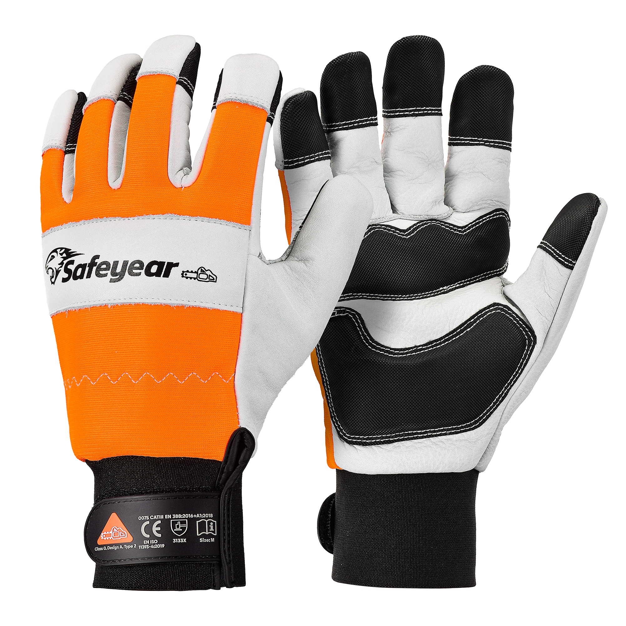 SAFEYEAR Kettensägenhandschuhe, Kettensägenschutz an der Hand, Größe L, weiße Handfläche und Rückseite aus Rindsleder, PVC-verstärkte Finger und Handfläche, EVA-Polsterung für Stoßdämpfung, fluoreszierende orangefarbene reflektierende Rückseite – EU