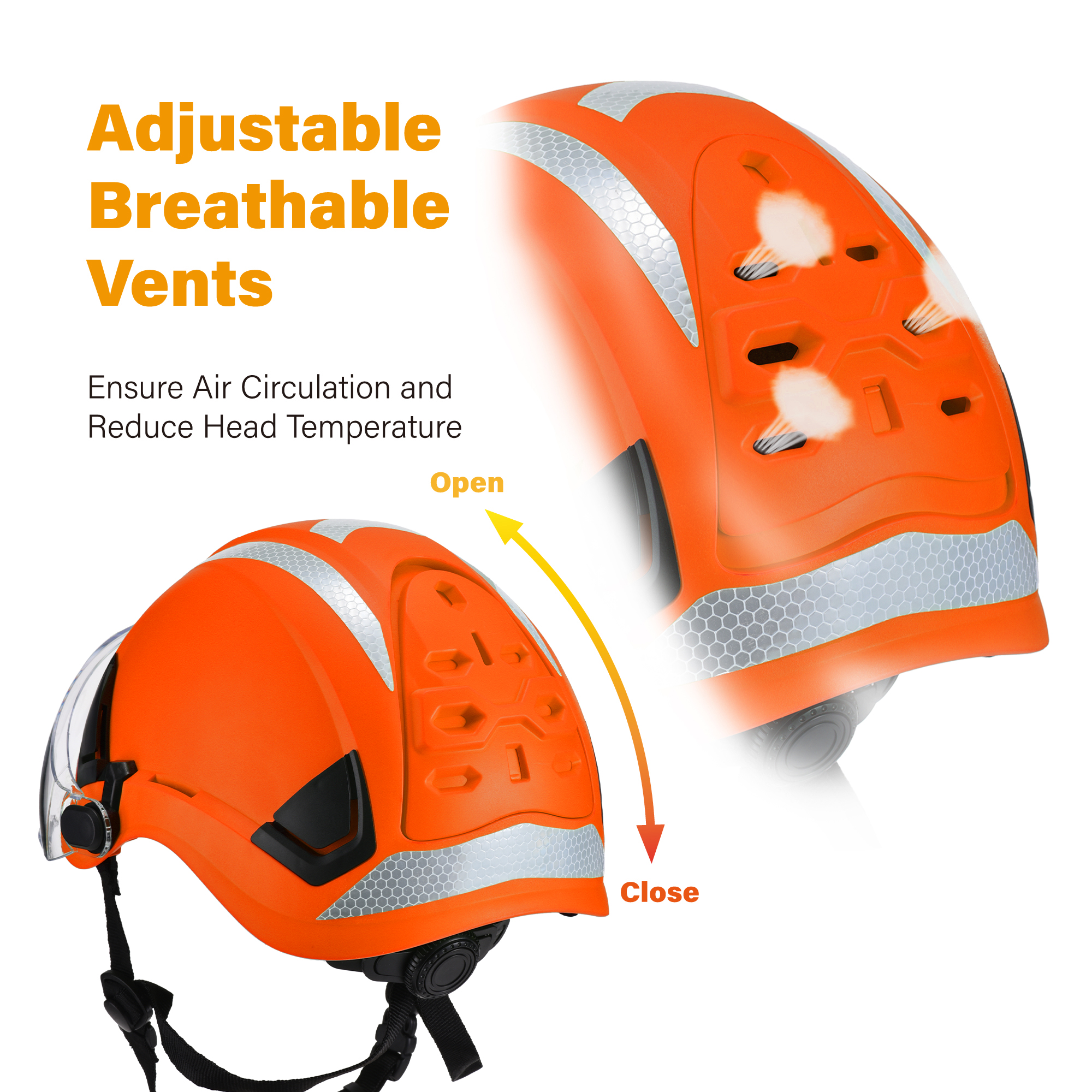 EU-SAFEYEAR Schutzhelm mit kratzfester Brille, Ohrenschützer, CE EN397 Schutzhelme mit Kinnriemen, leicht reflektierend, belüftet, ABS-Schutzhelme für Industriearbeiter, 6-Punkt-Aufhängung