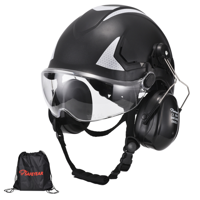 UK-SAFEYEAR Schutzhelm mit kratzfester Brille, Ohrenschützer, CE EN397 Schutzhelme mit Kinnriemen, leicht reflektierend, belüftet, ABS-Schutzhelme für Industriearbeiter, 6-Punkt-Aufhängung