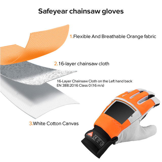 SAFEYEAR Kettensägenhandschuhe, Kettensägenschutz an der Hand, Größe L, weiße Handfläche und Rückseite aus Rindsleder, PVC-verstärkte Finger und Handfläche, EVA-Polsterung für Stoßdämpfung, fluoreszierende orangefarbene reflektierende Rückseite – EU