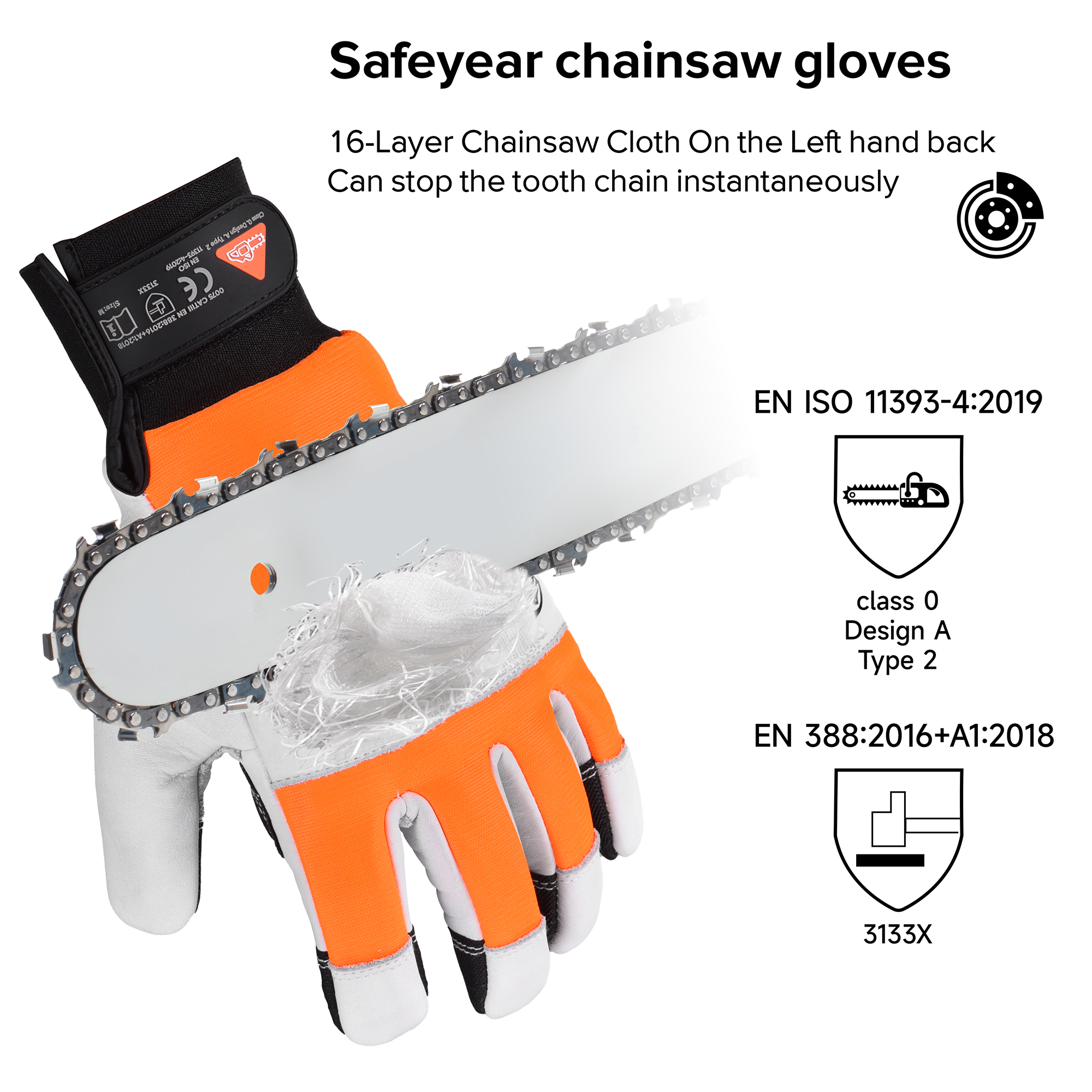 SAFEYEAR Kettensägenhandschuhe, Kettensägenschutz an der Hand, Größe L, weiße Handfläche und Rückseite aus Rindsleder, PVC-verstärkte Finger und Handfläche, EVA-Polsterung für Stoßdämpfung, fluoreszierende orangefarbene reflektierende Rückseite – EU