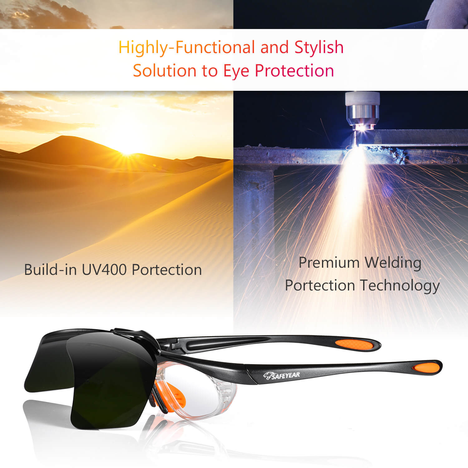 Safeyear Schweißschutz-Arbeitsbrille mit kratzfester dunkler Linse und UV-Schutz