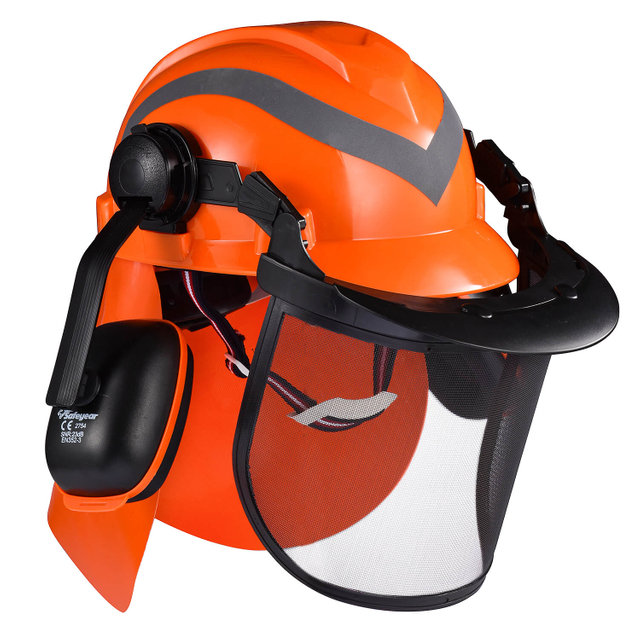 Safeyear Forstschutzhelm mit 4-Punkt-Ratschenaufhängung mit verstellbaren Ohrenschützern und Gesichtsschutzvisier, Nackenschutz