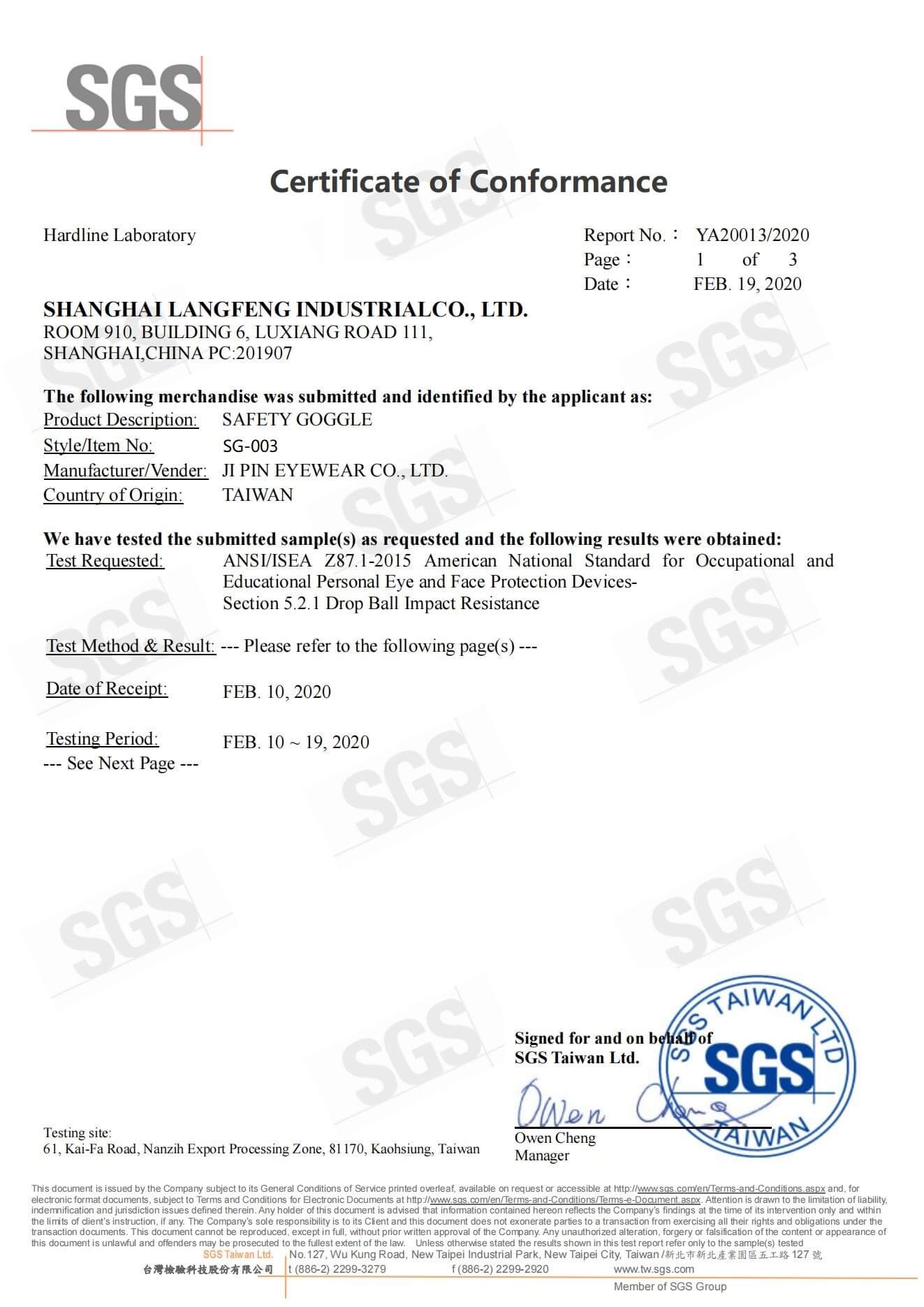 SG003US ANSI-Zertifizierung
